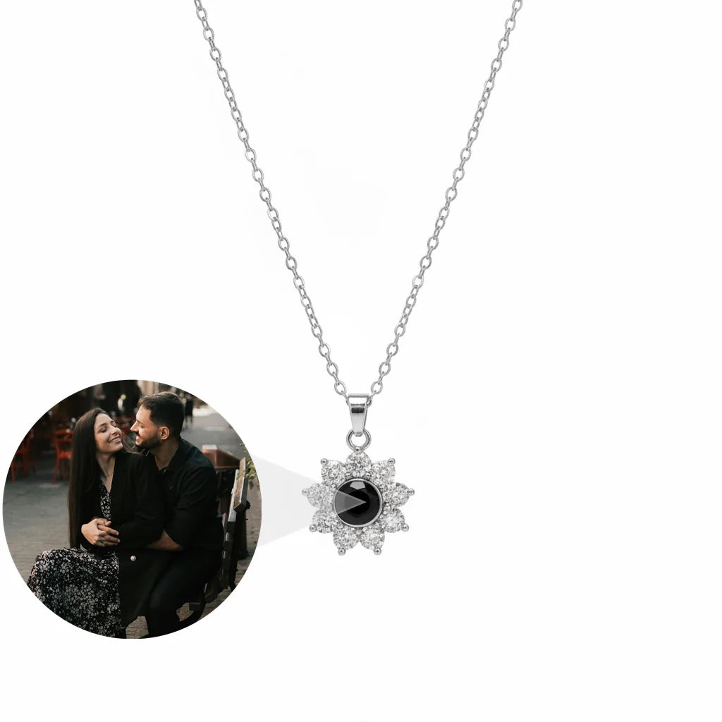 Personalized Sunflower Photo Projection Necklace - Silver