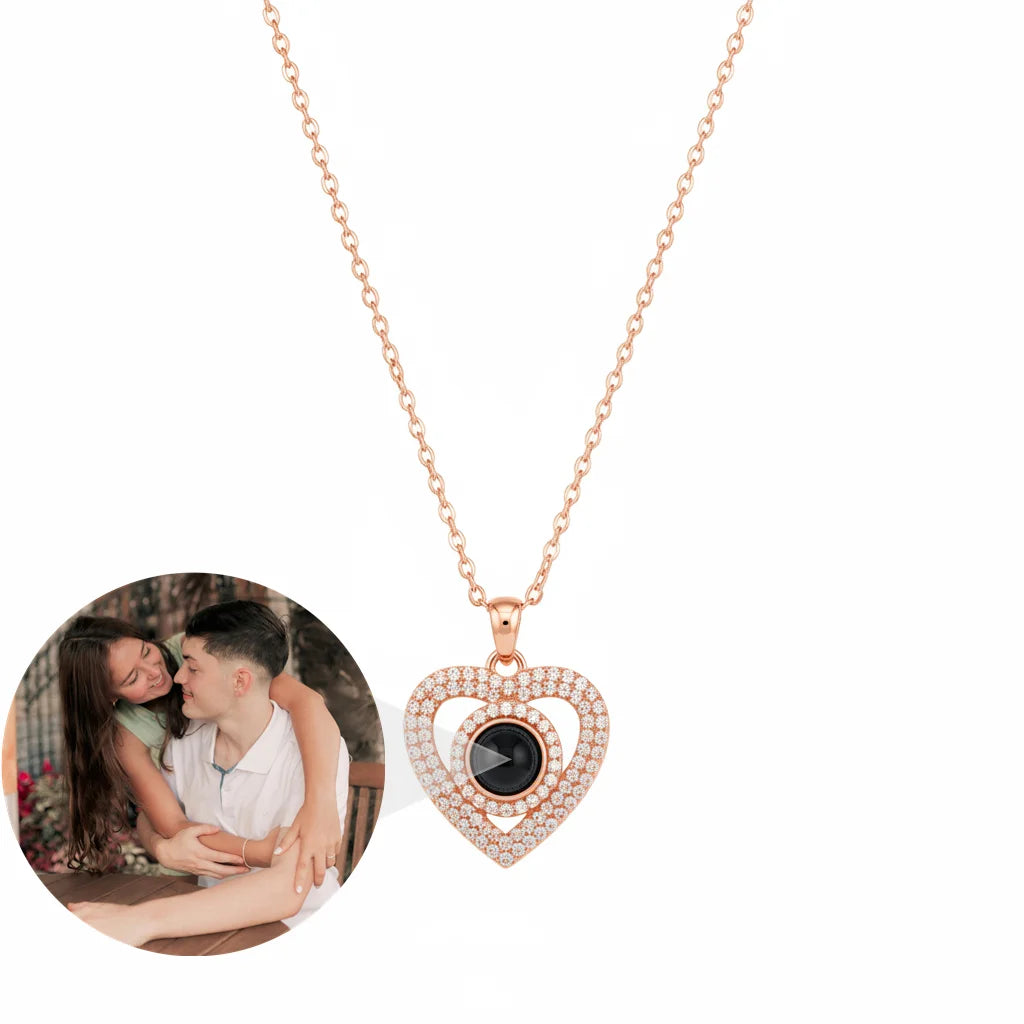 Personalized Pave Heart Photo Projection Necklace - Rose Gold