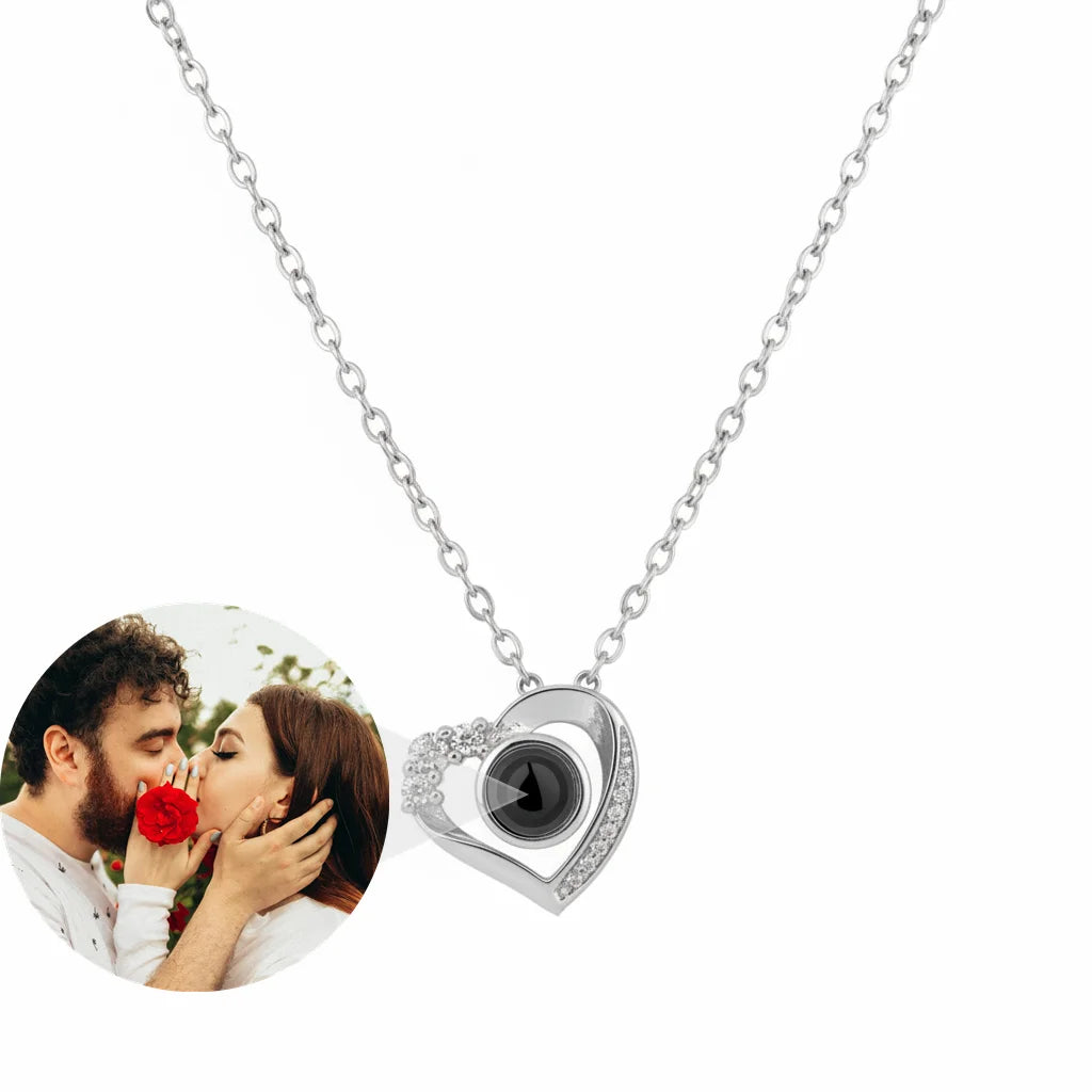 Personalized Crystal Heart Photo Projection Necklace - Silver