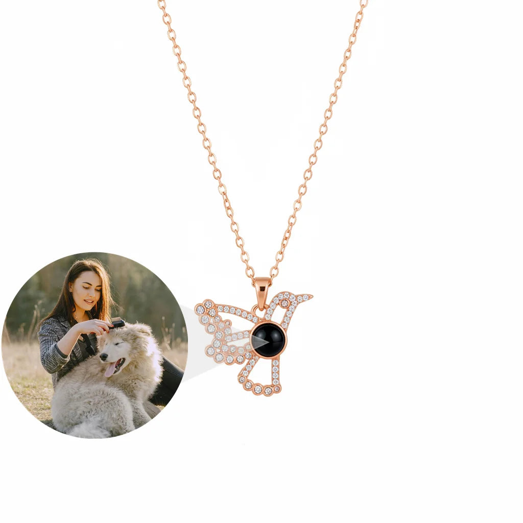 Personalized Hummingbird Photo Projection Necklace - Rose Gold
