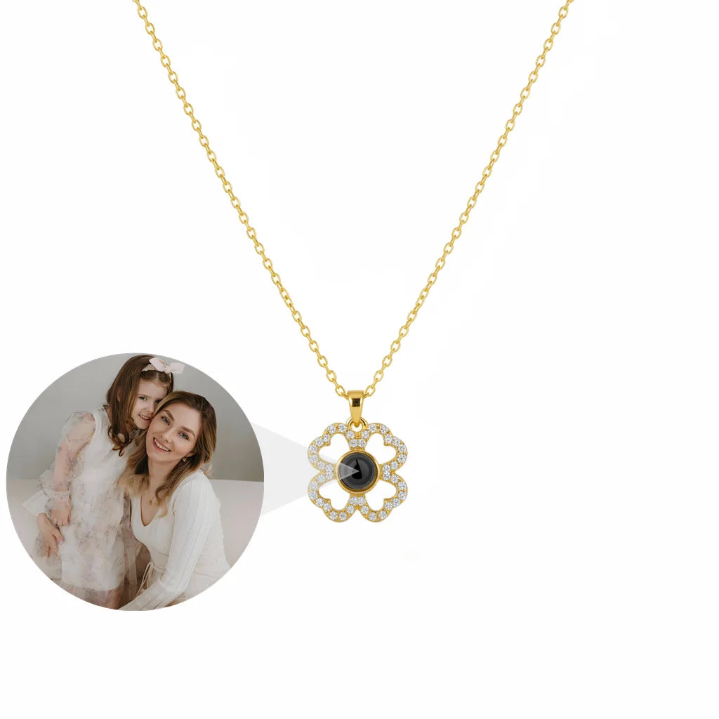Personalized Four-Leaf Clover Photo Projection Necklace - Gold