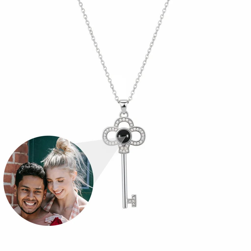 Personalized Key Pendant Photo Projection Necklace - Silver