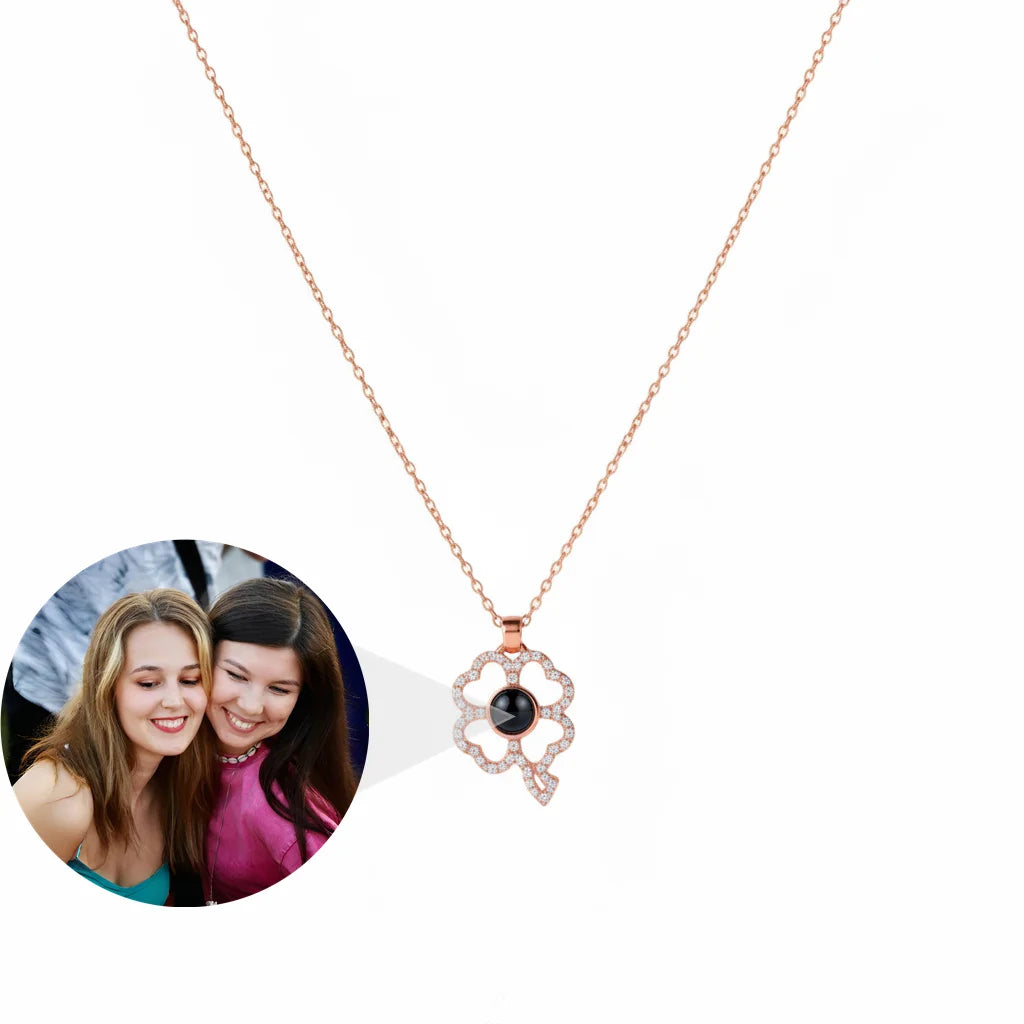 Personalized Four-Leaf Clover Hidden Photo Projection Necklace - Rose Gold
