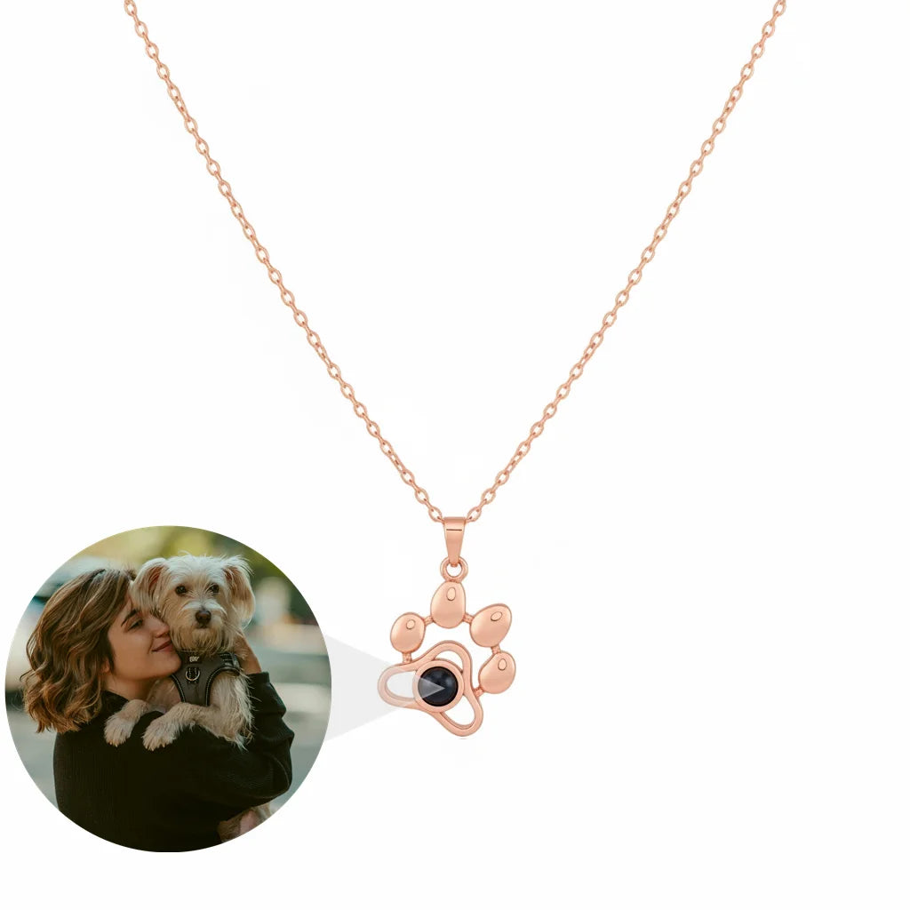 Personalized Paw Print Photo Projection Necklace - Rose Gold