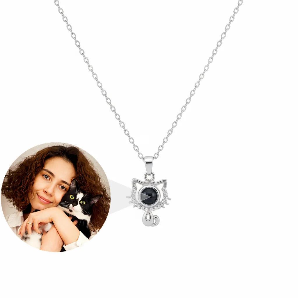 Personalized Cat Pendant Photo Projection Necklace - Silver