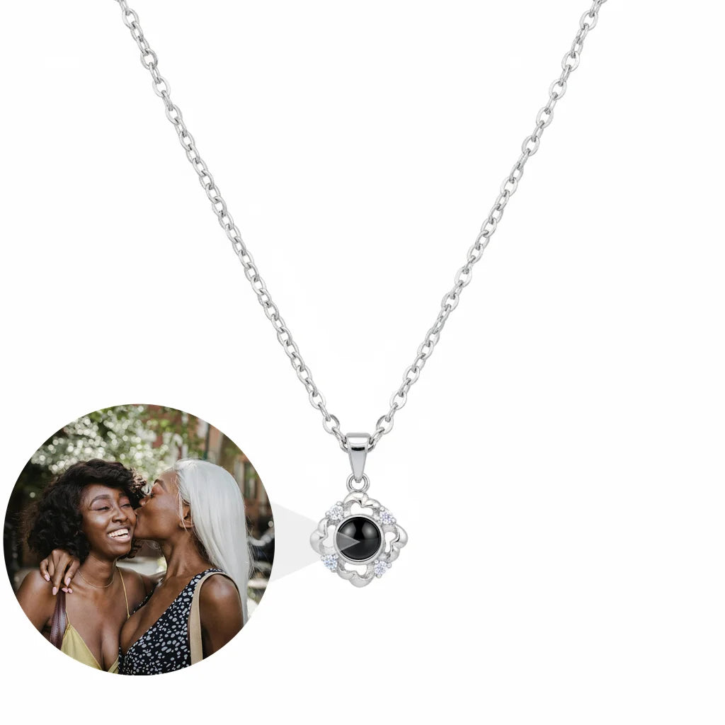 Personalized Flower Pendant Photo Projection Necklace - Silver