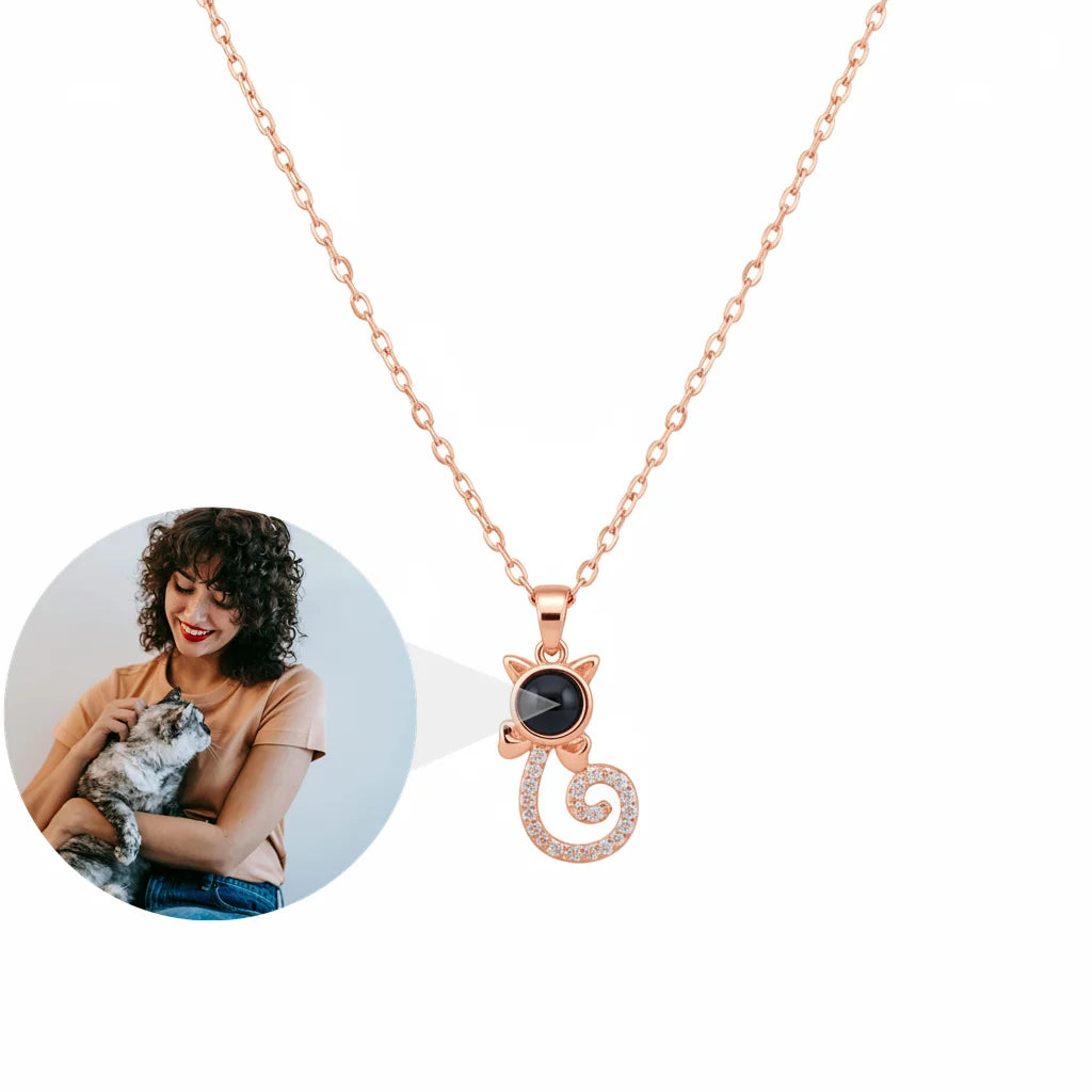Personalized Cat Silhouette Photo Projection Necklace - Rose Gold