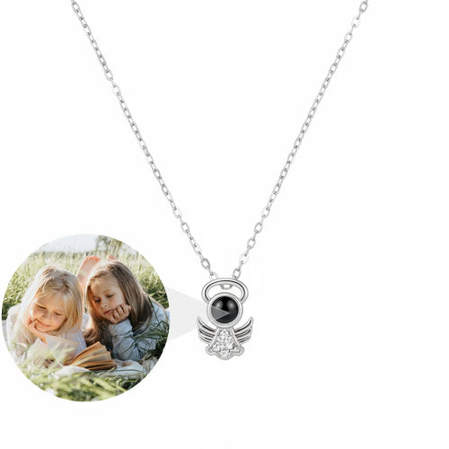 Personalized Angel Memorial Photo Projection Necklace - Silver