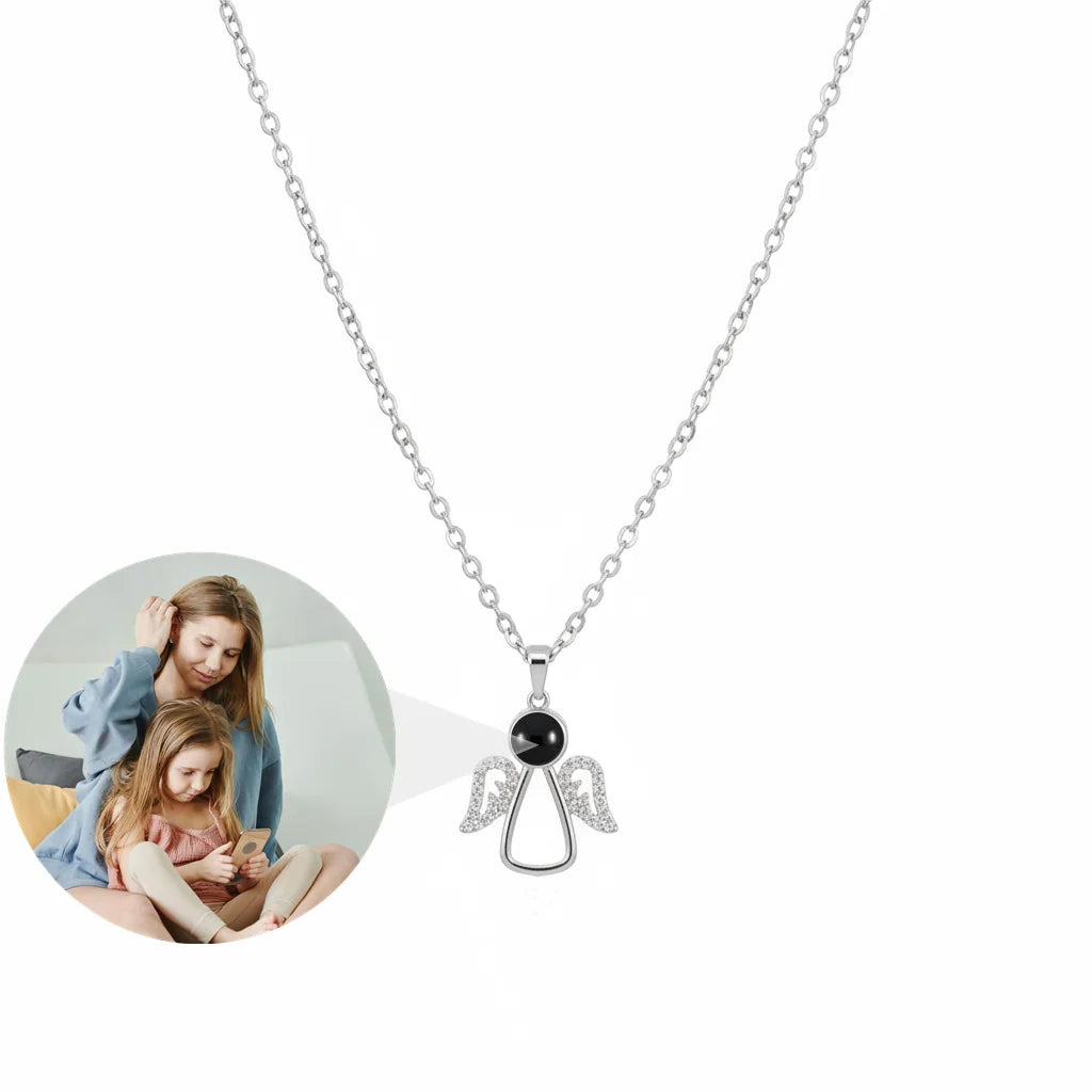 Personalized Angel Wing Photo Projection Necklace - Gold