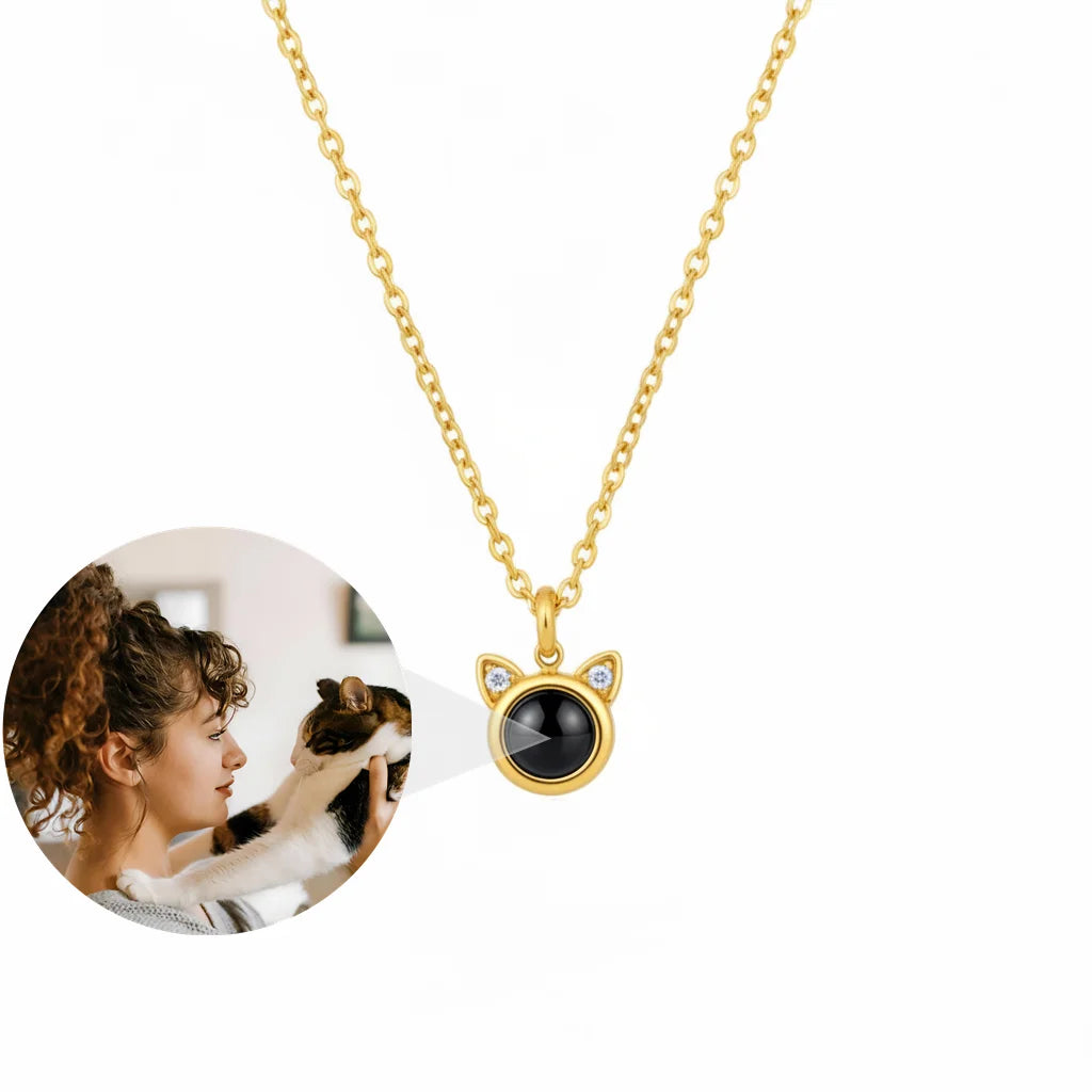 Personalized Cat Ear Photo Projection Necklace - Gold