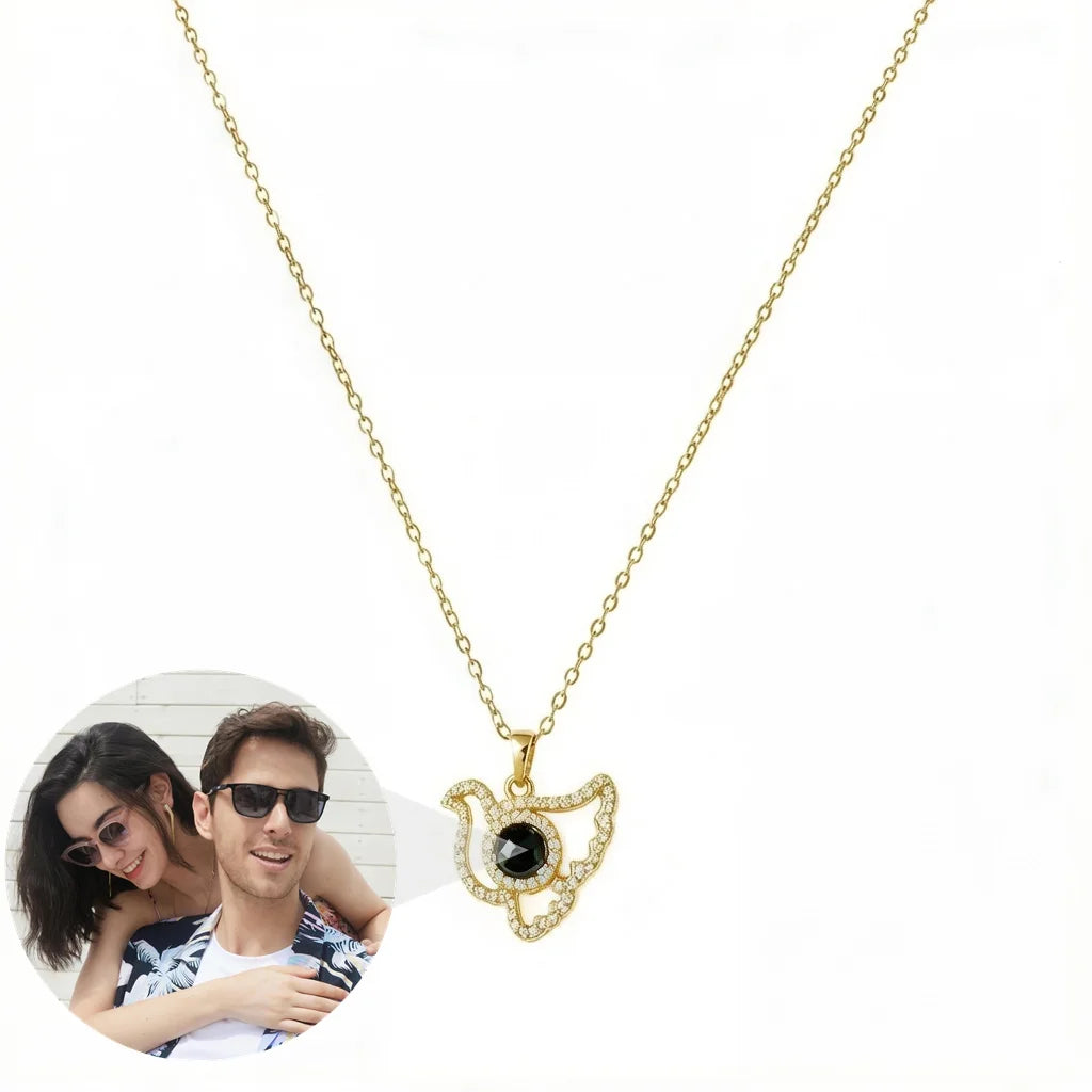 Personalized Dove Pendant Photo Projection Necklace - Gold