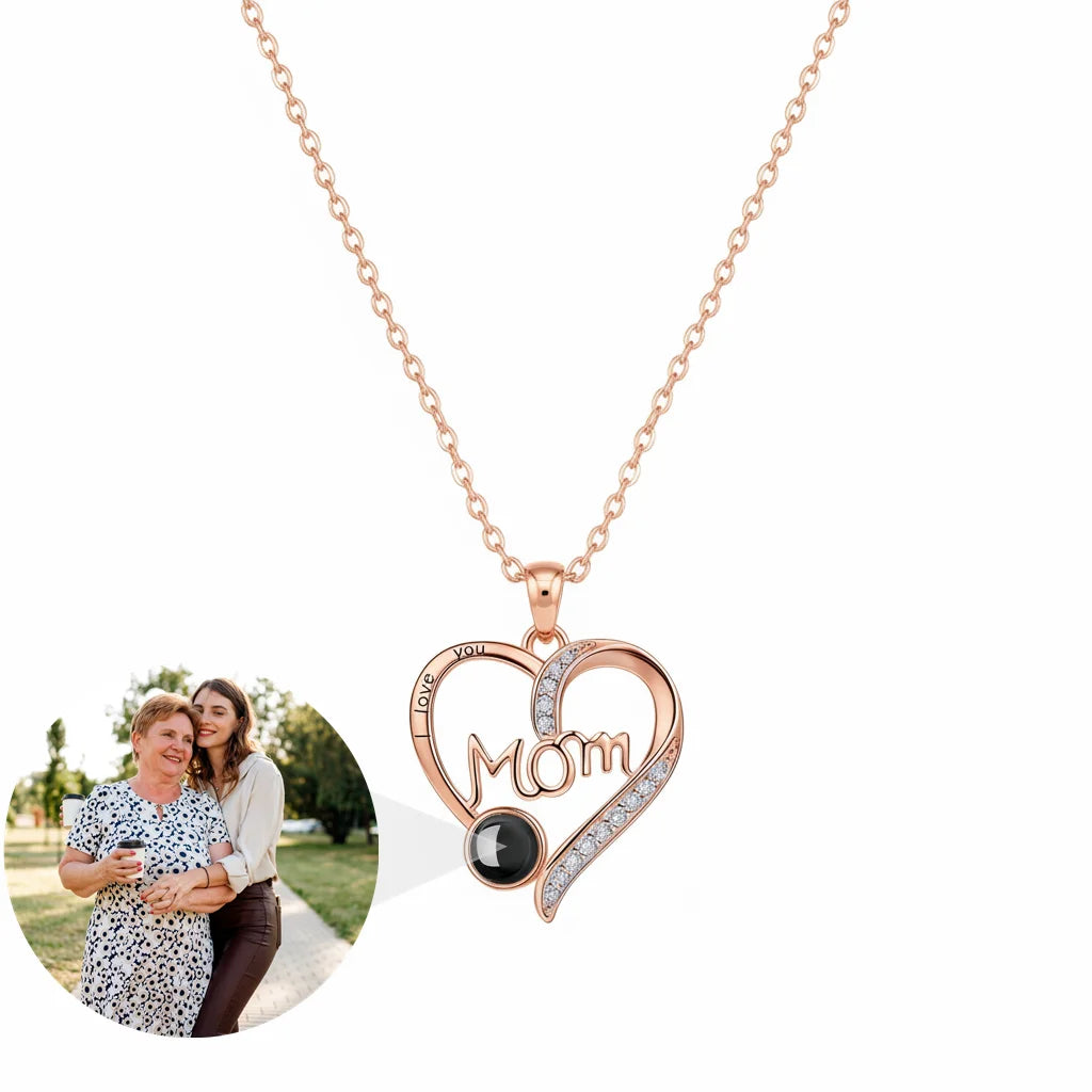 Personalized I Love You Mom Heart Photo Projection Necklace -Rose Gold