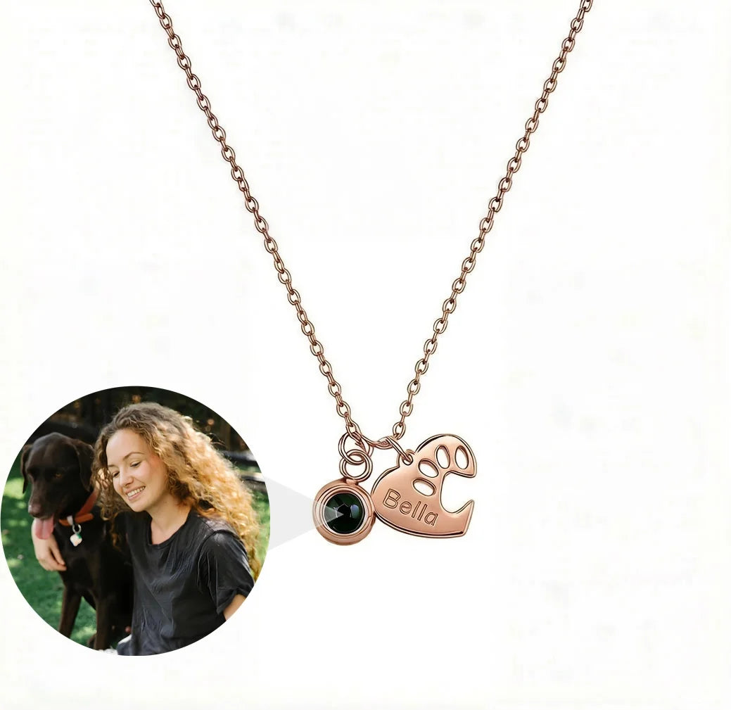 Personalized Paw and Heart Photo Projection Necklace - Rose Gold